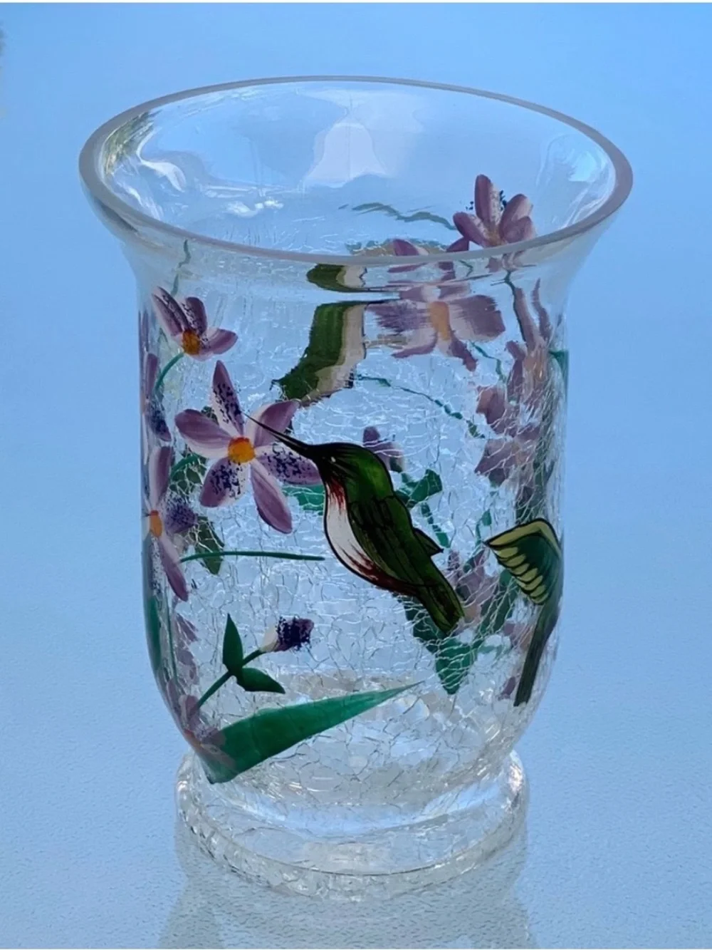 Fifth Avenue Crystal Hummingbird Crackle Glass 6” Hurricane Candle Holder